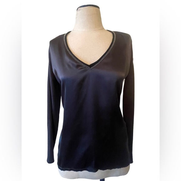GO BY GO SILK Tops - NEW 100% Silk XS Long-Sleeve Shirt Midnight blue v neck silver sparkle party NWT